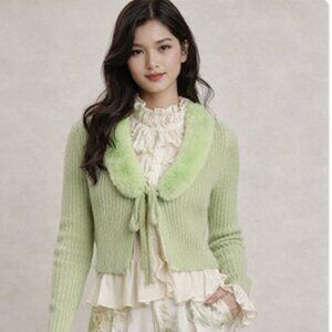 Chic Wild Fable Mint Green Faux-Fur Trim Tie-Front Cardigan (Y2K), Size L